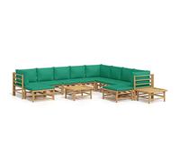 HETFTJN Salon de Jardin en Bambou 12 Pièces, Ensemble de Canapé d'Extérieur Modulable avec 2 Tables, 2 Repose-Pieds et Coussins Verts pour Terrasse, Balcon et Jardin