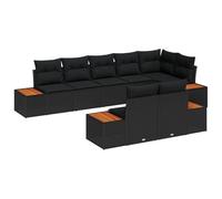 HETFTJN Salon de Jardin Modulable 8 Pièces, Canapé d'angle en Résine Tressée avec Coffre de Rangement Intégré, Base en Bois d'Acacia et Coussins Déhoussables, Noir