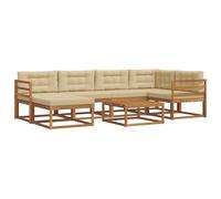 HETFTJN Salon de Jardin Modulable en Bois d'Acacia Massif, Ensemble Canapé d'Extérieur 7 Pièces avec Table, Pouffe et Coussins Beiges pour Terrasse, Jardin et Balcon, Naturel
