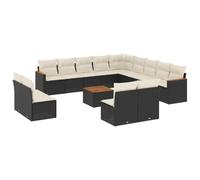 HETFTJN Salon de Jardin Résine Tressée 14 Pcs, Ensemble Canapé d'Extérieur Modulable avec Table Basse en Bois d'Acacia et Coussins, Meuble pour Terrasse Patio et Cour, Noir