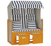 HETFTJN Strandkorb avec Coussins Corbeille de Plage 2 Places en Résine Tressée et Bois Massif de Pin Chaise Longue de Jardin Ajustable avec Auvent et Repose-Pieds Blanc et Bleu