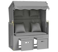 HETFTJN Strandkorb Corbeille de Plage avec Coussins Gris, Chaise Longue en Résine Tressée et Bois Massif, Fauteuil de Jardin Réglable 3 Positions avec Auvent et Repose-Pieds