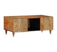 HETFTJN Table Basse en Bois de manguier Massif 100x54x40 cm, Table de Salon avec Rangement et Porte, Design Artisanal avec Motif sculpté à la Main et Pieds en Fer, Finition Marron Miel