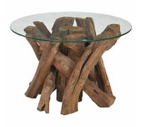 HETFTJN Table Basse en Bois Flottant de Teck Massif 60 cm, Plateau en Verre trempé, Design Artisanal Rustique, Meuble décoratif Unique pour Salon et intérieur