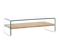 HETFTJN Table Basse Rectangulaire de Salon, Table Basse Design en Verre Trempé et MDF, avec Étagère de Rangement, Style Minimaliste Moderne, Couleur Chêne et Clair, 98x45x31 cm