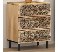 HETFTJN Table de chevet 50 x 33 x 60 cm en bois de manguier massif, 3 tiroirs, design rétro sculpté à la main, pieds en fer stables, peu encombrant, avec espace de rangement pour chambre à coucher et