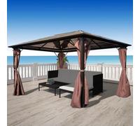 HETFTJN Tonnelle 400 x 300 cm - Cadre en aluminium marron avec protection UV - Toit pour jardin, barbecue, fête, événement - Voile d'ombrage avec rideaux et panneaux latéraux - Stable et moderne