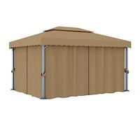 HETFTJN Tonnelle de jardin 4 x 3 m taupe en aluminium et acier, double toit pour la circulation de l'air, tente de jardin fixe avec rideau et moustiquaire, tonnelle de barbecue pour terrasse, jardin