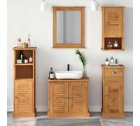 HETFTJN VIGO Ensemble de salle de bain rustique, 5 pièces, en pin marron, 37 x 34 x 110 cm, en bois massif, avec miroir plat et étagère, meuble complet pour petites et grandes pièces