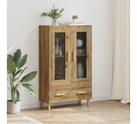 HETFTJN Vitrine en chêne artisanal, 70 x 31 x 115 cm, en bois dérivé, portes en verre, tiroir, buffet, salon, espace de rangement moderne avec pieds du milieu du siècle, pour salon, couloir et bureau