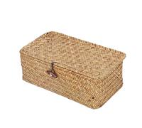 Hethlif Panier de Rangement d'herpres de Mer Naturelle avec Couvercle, Bac Rectangulaire en Osier tissé à la Main pour l'organisation à Domicile, Solution de Rythme de Chambre à Coucher, (M)