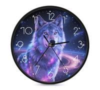 HETPLSD Galaxy Wolf Horloge murale silencieuse sans tic-tac 25,4 cm | Horloge murale ronde à piles, cadran en verre trempé, horloge décorative moderne pour la maison, la salle à manger