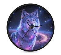 HETPLSD Galaxy Wolf Horloge murale silencieuse sans tic-tac 25,4 cm | Horloge murale ronde à piles, cadran en verre trempé, horloge décorative moderne pour la maison, la salle à manger