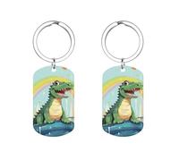 HETPLSD Porte-clés en acier inoxydable avec pendentif en forme de crocodile mignon sur fond arc-en-ciel, résistant aux rayures, 1 porte-clés rectangulaire pour homme et femme