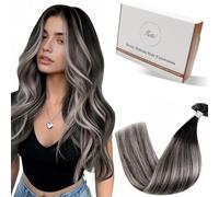 Hetto Extension Cheveux Naturel Keratine Ombre Noir Naturel à Argenté avec Noir Extension Keratine a Chaud Remy Lisse 45cm 50g 50 Mèches #1B/Silver/1B