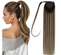 Hetto Extension Cheveux Naturel Queue de Cheval 55cm 80g Extension Cheveux Queue de Cheval Ombre Brun Foncé A Blonde Fraise Invisible Remy Lisse #4/27/4