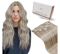 Hetto Extension Clip Cheveux Naturel 40cm 7pcs 120g Extension a Clip Cheveux Naturel Blond Cendré avec Clair Couleur Invisible Humain Remy Lisse Épais Double Trame #P18/613
