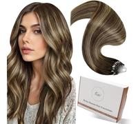 Hetto Extensions Cheveux Naturel a Froid - Balayage Brun Moyen & Blond Dore - Interieur Silicone Anti-Glisse - Invisible, Sans Colle Micro Ring Loop - Longueur & Volume 50 Meche 50g 55cm