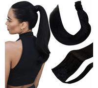 Hetto Queue de Cheval Extension Naturel Noir 50cm Ponytail Cheveux Naturel Extension Vrai Cheveux Humain Queue de Cheval Remy Lisse 80g #1B