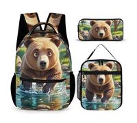 HETVBNS Bear Crossing The River Lot de 3 sacs à dos durables isothermes pour homme et femme