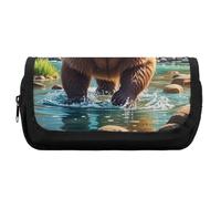 HETVBNS Bear Crossing The River Trousse à crayons extra large, double couche avec fermeture éclair, trousse à maquillage portable pour voyage, organisateur de papeterie de bureau pour homme et femme