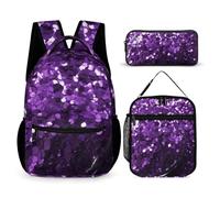 HETVBNS Beau sac à dos à paillettes violet 3 pièces, sac à dos isotherme durable, trousse à crayons portable pour homme et femme