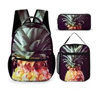 HETVBNS Beau sac à dos ananas 3 pièces, sac à dos durable, sac à déjeuner isotherme, trousse à crayons portable pour homme et femme
