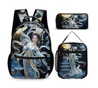 HETVBNS Chang'e Fairy Sac à dos 3 pièces, sac à dos durable, sac à déjeuner isotherme, trousse à crayons portable pour homme et femme