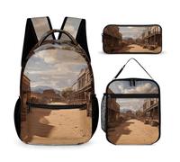 HETVBNS Cowboy Town Ensemble sac à dos 3 pièces, sac à dos isotherme durable, trousse à crayons portable pour homme et femme