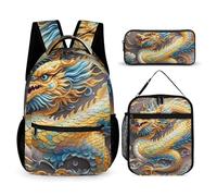 HETVBNS Dragon Art Ensemble de 3 sacs à dos durables isothermes et trousse à crayons portable pour homme et femme