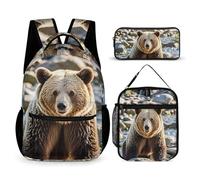 HETVBNS Encounter Lot de 3 sacs à dos isothermes et durables avec motif ours animal - Trousse à crayons portable pour homme et femme