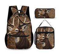 HETVBNS Ensemble de 3 sacs à dos à motif de cerf sur fond marron - Sac à dos isotherme durable - Trousse à crayons portable pour homme et femme