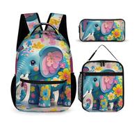 HETVBNS Ensemble de 3 sacs à dos à motif d'éléphant de dessin animé, durable, sac à déjeuner isotherme, trousse à crayons portable pour homme et femme
