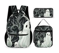 HETVBNS Ensemble de 3 sacs à dos à motif fantôme blanc, durable, sac à déjeuner isotherme, trousse à crayons portable pour homme et femme