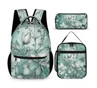 HETVBNS Ensemble de 3 sacs à dos à motif floral vert menthe, sac à dos isotherme, trousse à crayons portable pour homme et femme