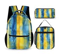 HETVBNS Ensemble de 3 sacs à dos à motif jaune et bleu, sac à dos durable, sac à déjeuner isotherme, trousse à crayons portable pour homme et femme