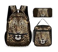 HETVBNS Ensemble de 3 sacs à dos à motif tête de léopard, sac à dos durable, sac à déjeuner isotherme, trousse à crayons portable pour homme et femme