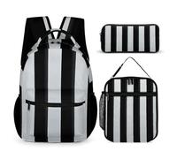 HETVBNS Ensemble de 3 sacs à dos à rayures noires et blanches, sac à dos isotherme durable, trousse à crayons portable pour homme et femme