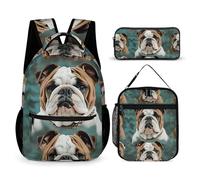 HETVBNS Ensemble de 3 sacs à dos amusants avec motif bouledogue anglais - Sac à déjeuner isotherme et portable - Pour homme et femme