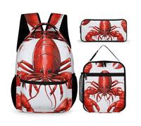 HETVBNS Ensemble de 3 sacs à dos avec imprimé homard rouge, sac à dos durable, sac à déjeuner isotherme, trousse portable pour homme et femme
