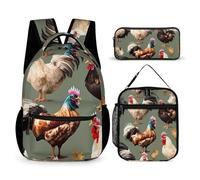 HETVBNS Ensemble de 3 sacs à dos avec imprimé poulet et coq - Sac à dos durable isotherme - Trousse à crayons portable pour homme et femme