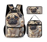 HETVBNS Ensemble de 3 sacs à dos carlin de dessin animé, sac à dos durable, sac à déjeuner isotherme, trousse à crayons portable pour homme et femme