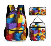 HETVBNS Ensemble de 3 sacs à dos colorés avec blocs de construction, sac à dos durable, sac à déjeuner isotherme, trousse à crayons portable pour homme et femme