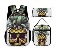 HETVBNS Ensemble de 3 sacs à dos cool avec motif tête de mort et ananas - Sac à déjeuner isotherme - Trousse portable pour homme et femme