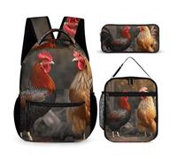 HETVBNS Ensemble de 3 sacs à dos coq et poulet, sac à dos durable, sac à déjeuner isotherme, trousse portable pour homme et femme