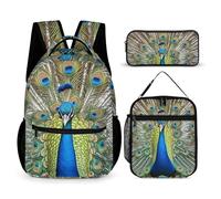 HETVBNS Ensemble de 3 sacs à dos de beauté motif paon - Sac à dos isotherme durable - Trousse à crayons portable pour homme et femme