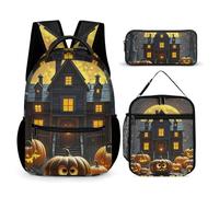 HETVBNS Ensemble de 3 sacs à dos de nuit d'Halloween, sac à dos durable, sac à déjeuner isotherme, trousse à crayons portable pour homme et femme