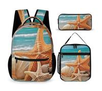 HETVBNS Ensemble de 3 sacs à dos de plage en forme d'étoile de mer, sac à déjeuner isotherme et durable, trousse à crayons portable pour homme et femme