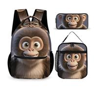 HETVBNS Ensemble de 3 sacs à dos de singe marron de dessin animé, sac à dos durable, sac à déjeuner isotherme, trousse à crayons portable pour homme et femme