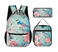 HETVBNS Ensemble de 3 sacs à dos de style fleur et oiseau, sac à dos durable, isolé, trousse à crayons portable pour homme et femme